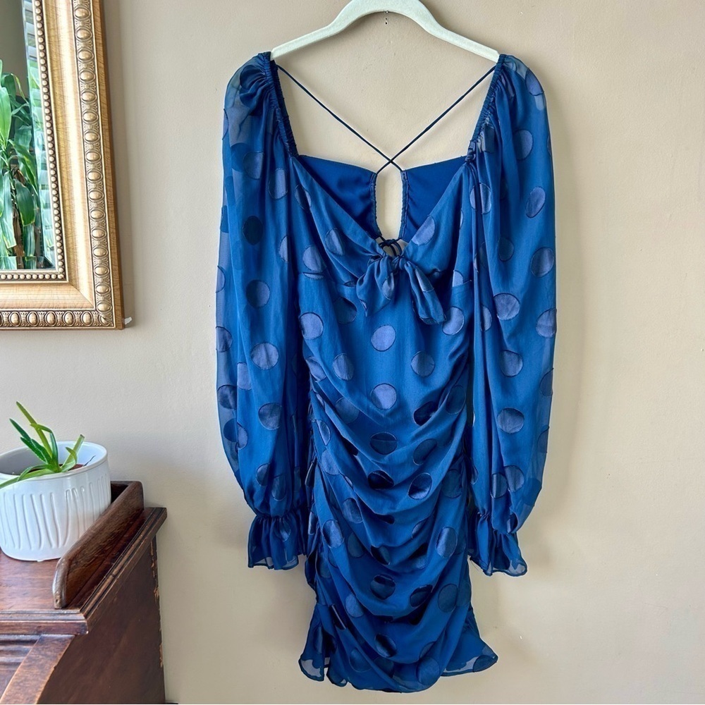 For Love And Lemons Lula Mini Dress Ruched Ruffle Navy Blue Dot Long Sleeve XS - Picture 4 of 16